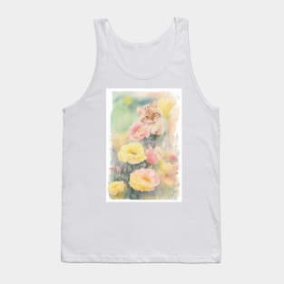 Soft color Striped Yellow cat in the Flower Garden Tank Top